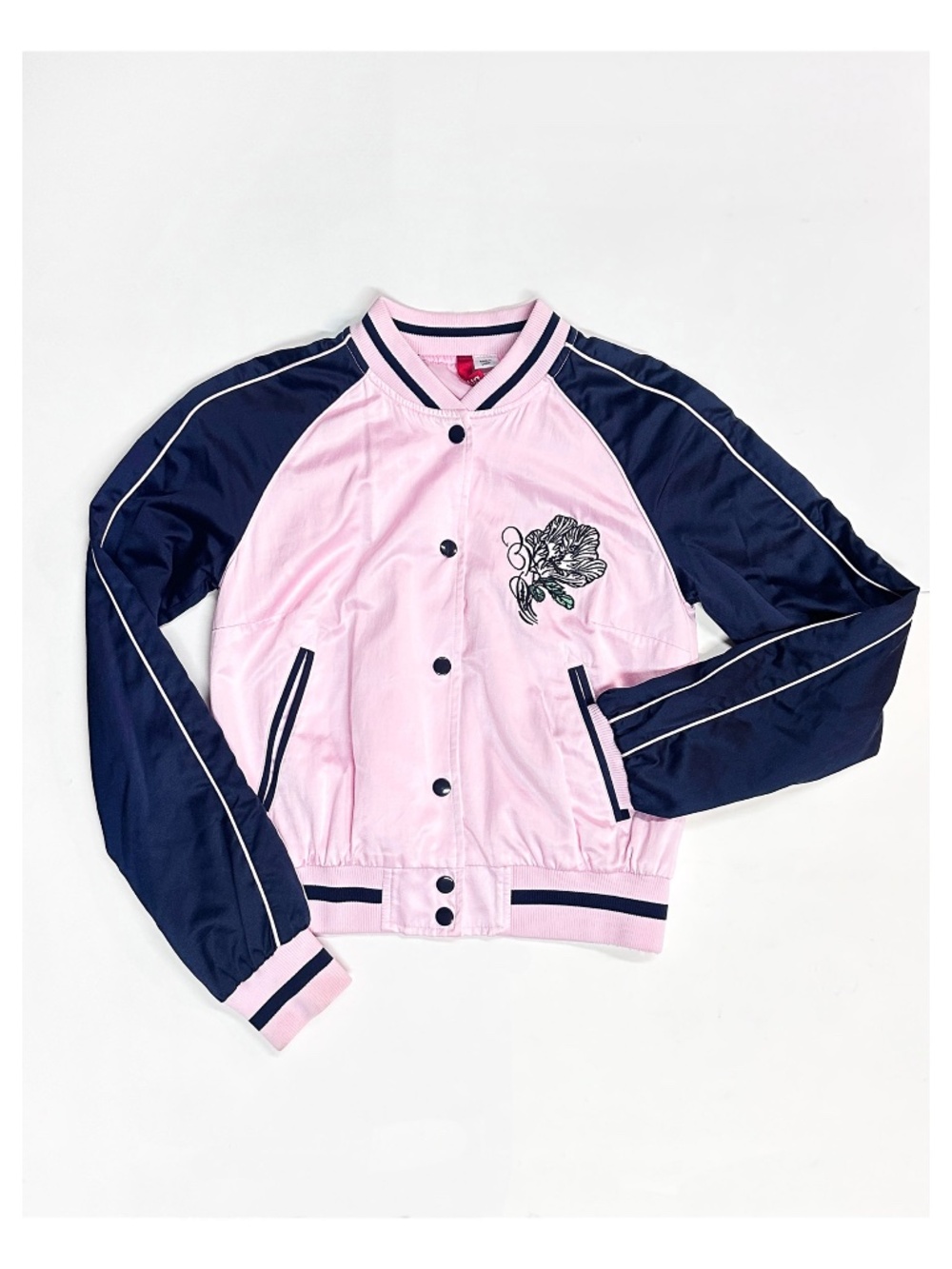 H&M DIVIDED Size 4 Pink & Navy Blue Embroidered Bomber Button Up Jacket Varsity